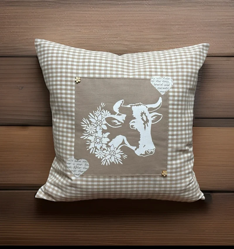 Landhausstil Kissenhülle * Kissenbezug * Bauernstube Dekokissen * Kuh* beige/weiß
