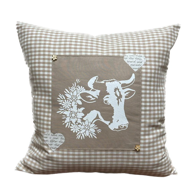 Landhausstil Kissenhülle * Kissenbezug * Bauernstube Dekokissen * Kuh* beige/weiß