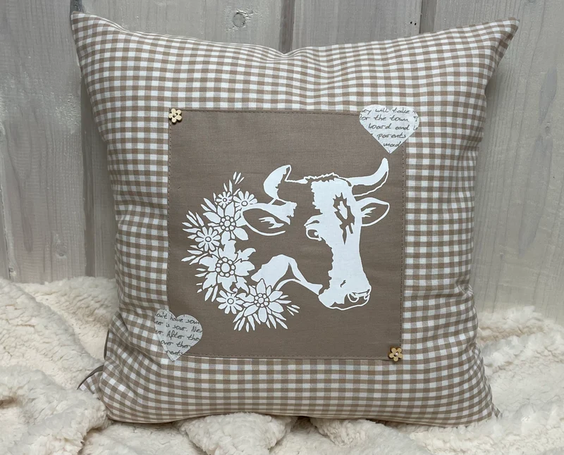 Landhausstil Kissenhülle * Kissenbezug * Bauernstube Dekokissen * Kuh* beige/weiß