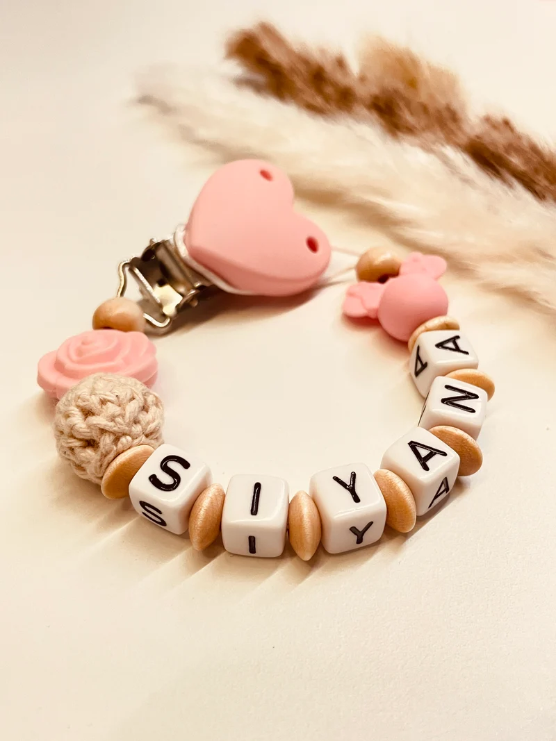 Schnullerkette Maus mit Rose rosa natur