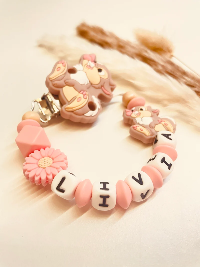 Schnullerkette Hase mit Blume rosa