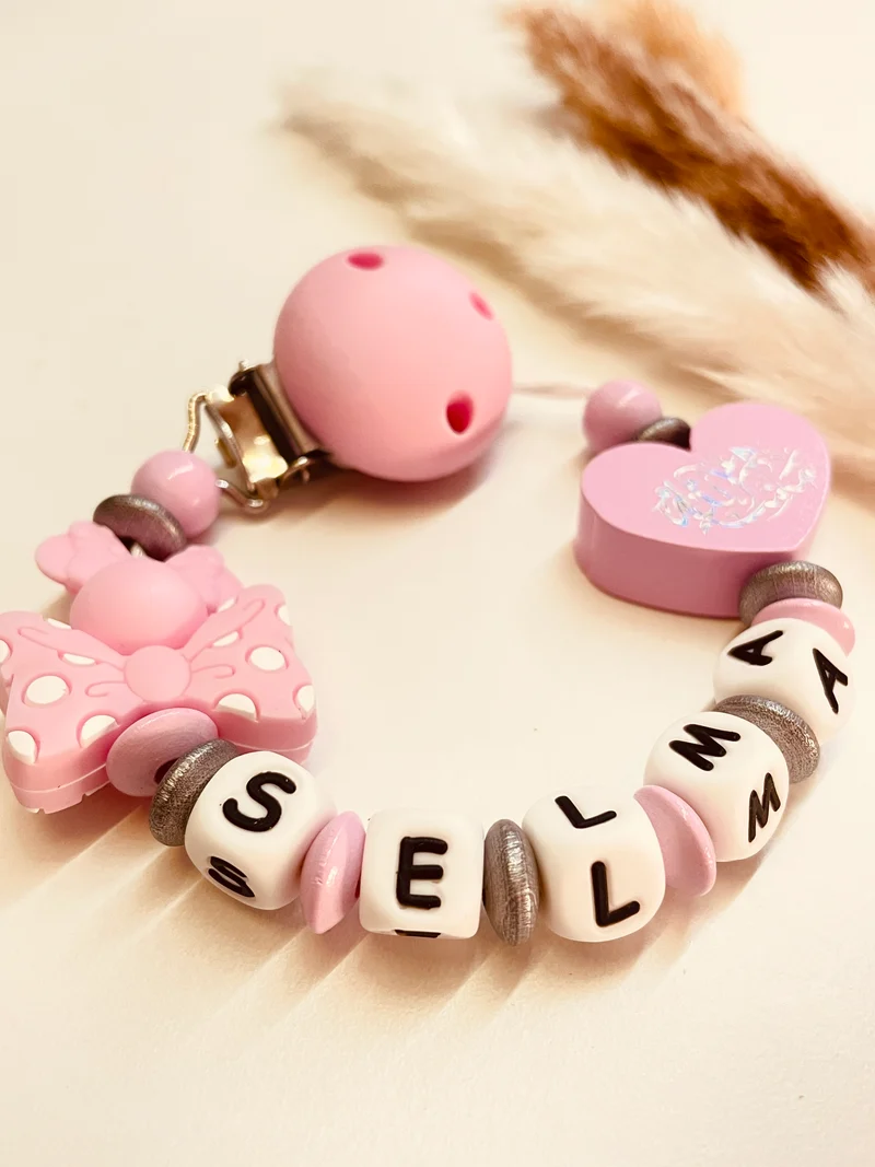 Schnullerkette Maus mit Schleife Mashallah Herz rosa silber