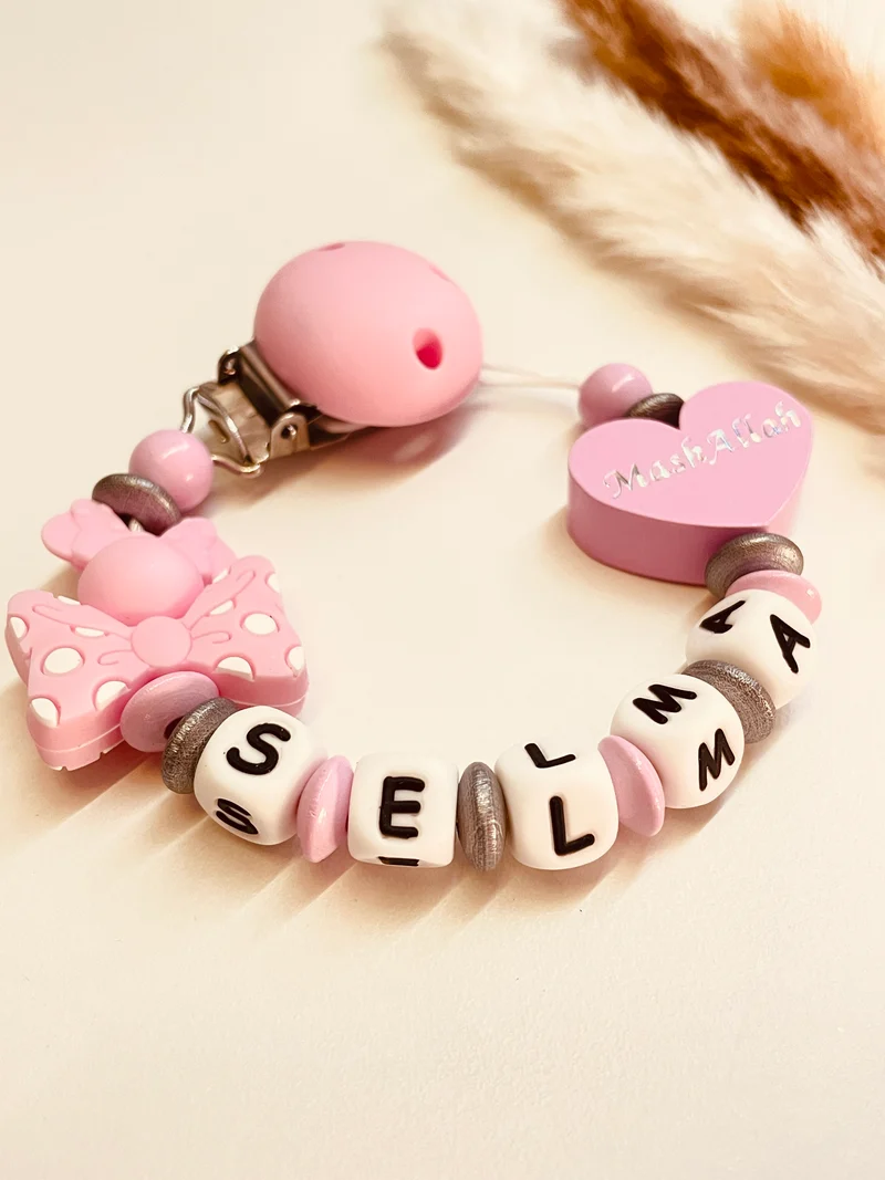 Schnullerkette Maus mit Schleife Mashallah Herz rosa silber