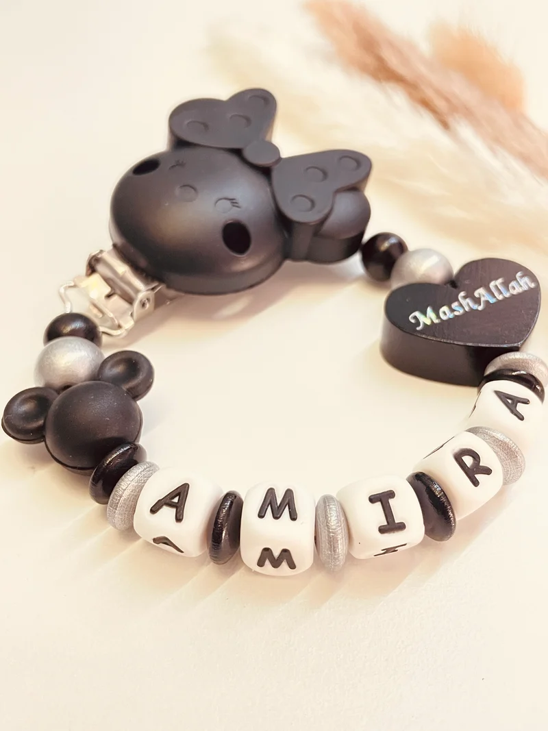 Schnullerkette Maus Mashallah Herz schwarz silber
