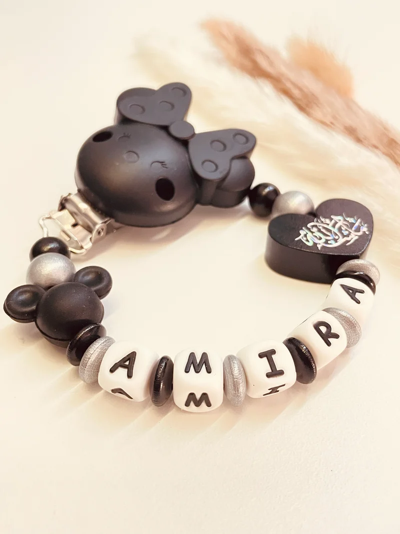 Schnullerkette Maus Mashallah Herz schwarz silber