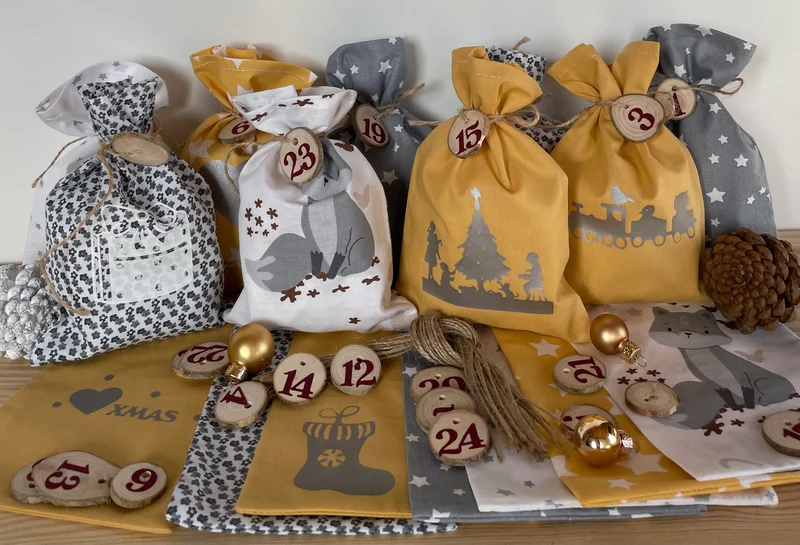 Adventskalender,Landhausstil Adventskalender zum Befüllen, grau/senfg