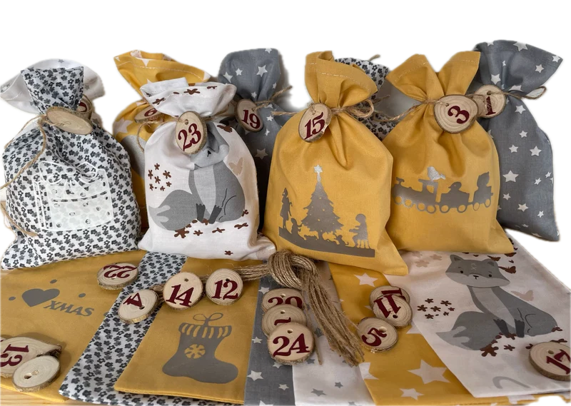 Adventskalender,Landhausstil Adventskalender zum Befüllen, grau/senfg