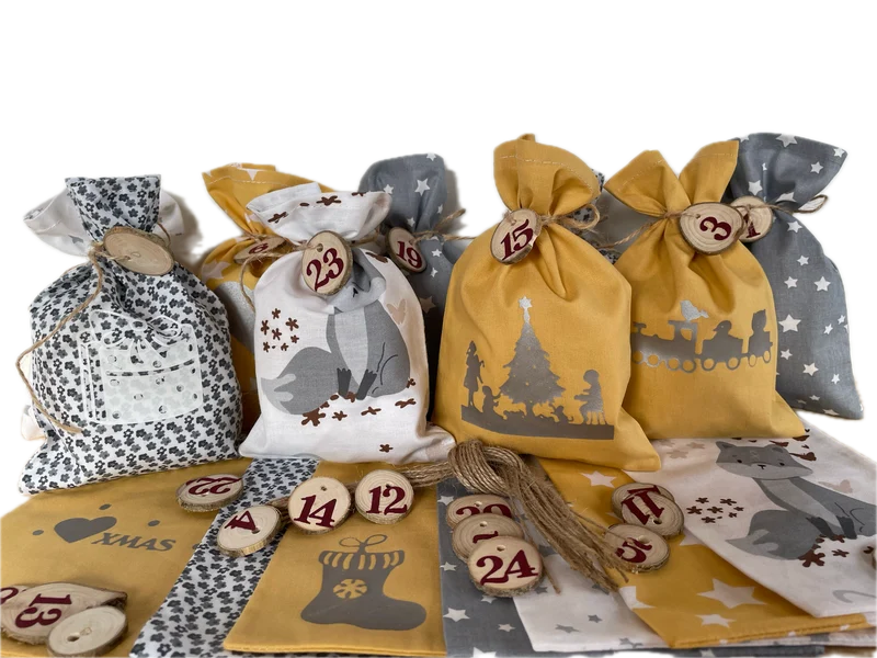 Adventskalender,Landhausstil Adventskalender zum Befüllen, grau/senfg