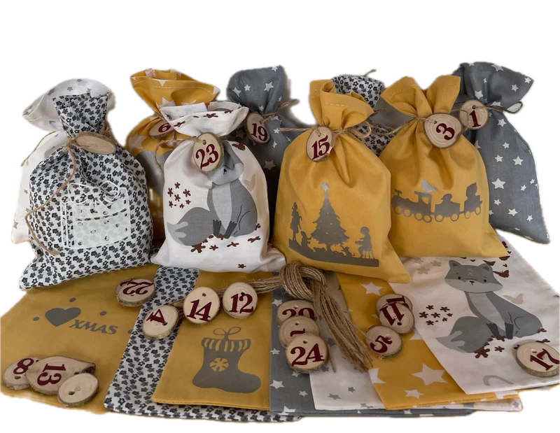Adventskalender,Landhausstil Adventskalender zum Befüllen, grau/senfg