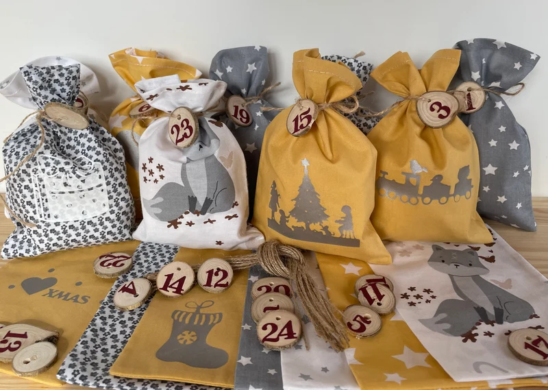 Adventskalender,Landhausstil Adventskalender zum Befüllen, grau/senfg
