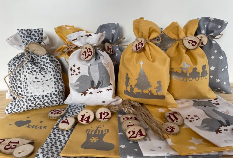 Adventskalender,Landhausstil Adventskalender zum Befüllen, grau/senfg