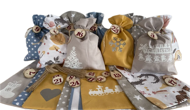 Adventskalender,Landhausstil Adventskalender zum Befüllen, Adventskalender Zahlen aus Holz, blau/senfgelb/taupe
