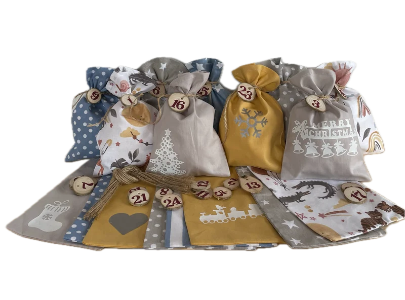 Adventskalender,Landhausstil Adventskalender zum Befüllen, Adventskalender Zahlen aus Holz, blau/senfgelb/taupe