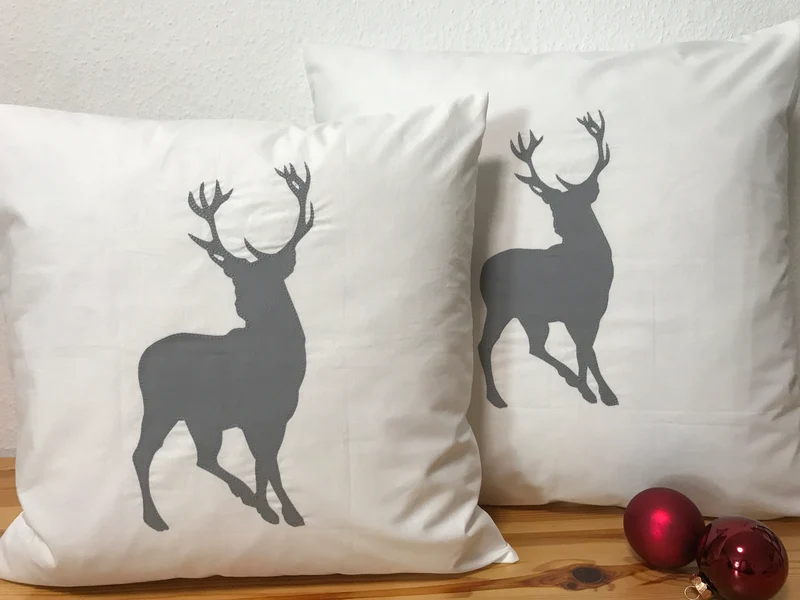 Weihnachtliche Landhausstil Kissenhülle * Kissenbezug * Dekokissen * Hirsch* weiß/grau
