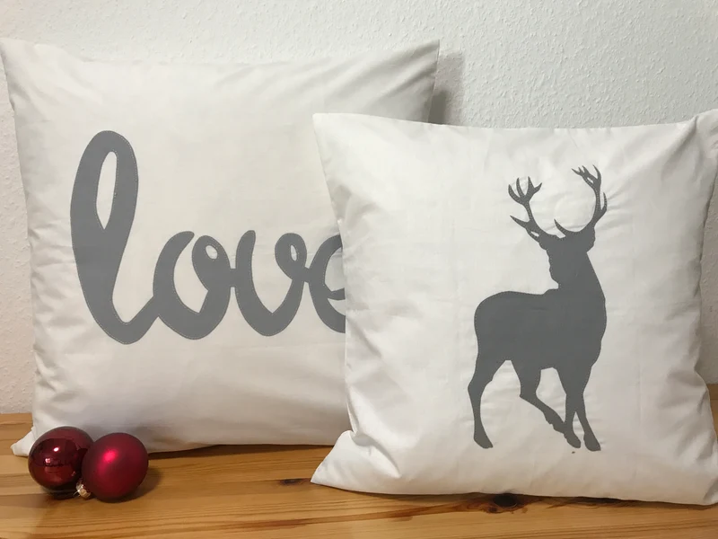 Weihnachtliche Landhausstil Kissenhülle * Kissenbezug * Dekokissen * Hirsch* weiß/grau