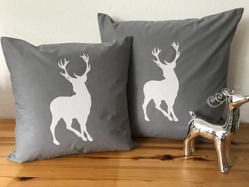 1x Weihnachtliche Landhausstil Kissenhülle * Kissenbezug * Dekokissen *Hirsch*grau/weiß