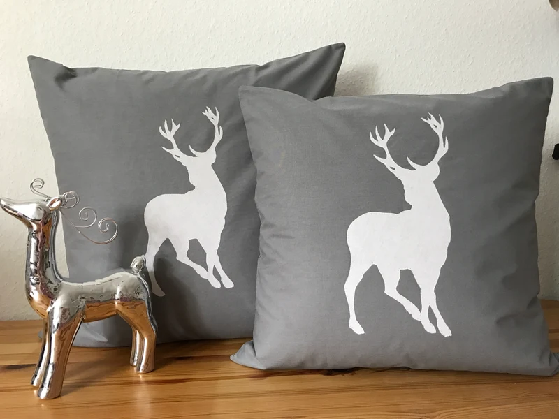 1x Weihnachtliche Landhausstil Kissenhülle * Kissenbezug * Dekokissen *Hirsch*grau/weiß