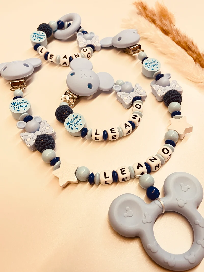 Schnullerkette, Kinderwagenkette und Greifring Maus mit Schleife kleiner Prinz blau dunkelblau