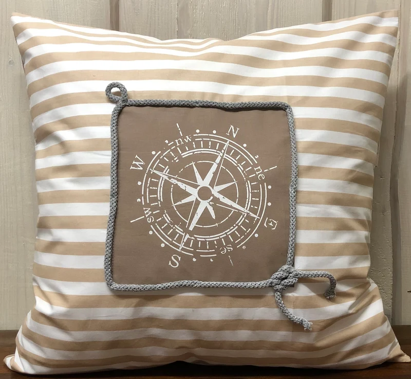 Maritime Kissenhülle, Landhausstil Kissenbezug * Kompass * beige/weiß