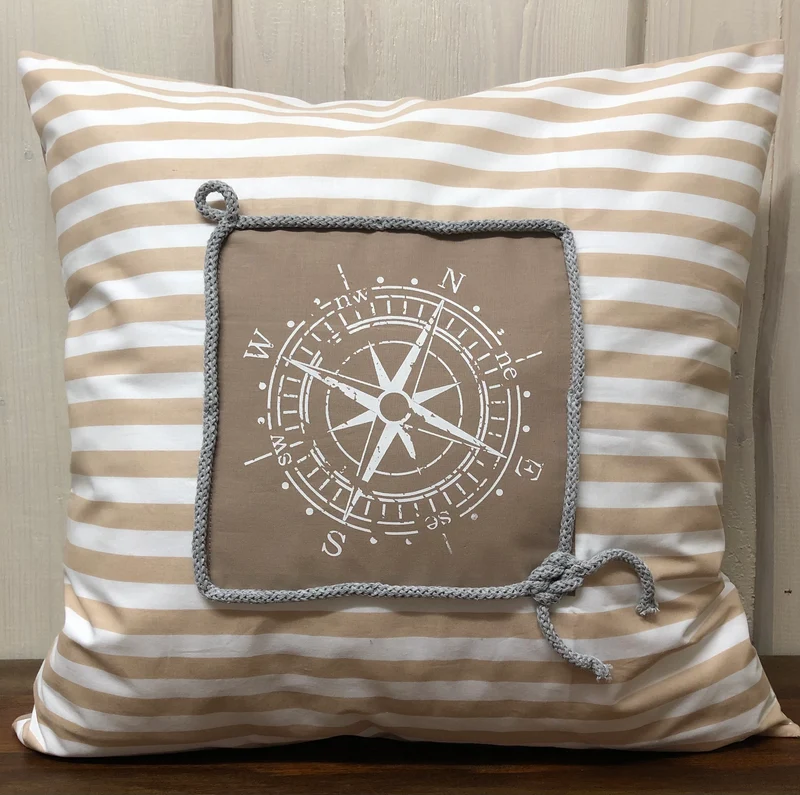 Maritime Kissenhülle, Landhausstil Kissenbezug * Kompass * beige/weiß