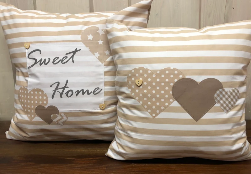 Landhausstil Kissenhülle * Kissenbezug * Dekokissen „ Herzen„ beige/weiß gestreift