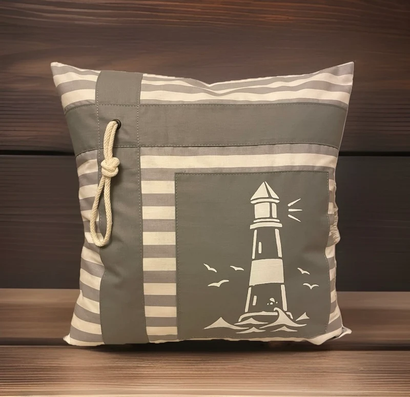 Maritime Kissenhülle, Kissenbezug in Landhausstil * Leuchtturm * grau/weiß