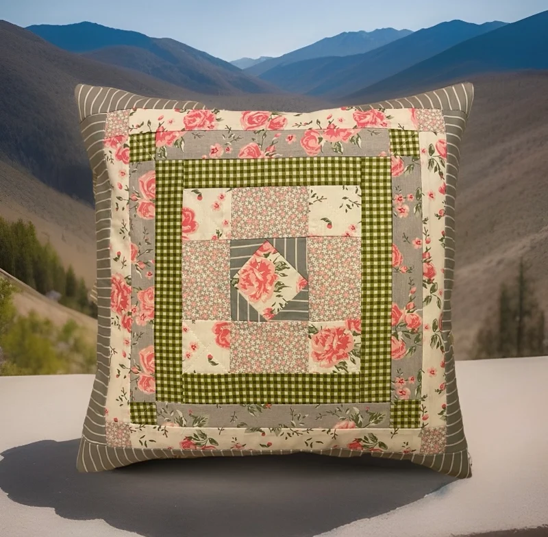Patchwork Kissenhülle, Landhausstil Kissenbezug, grau/rosa/grün 40x40cm