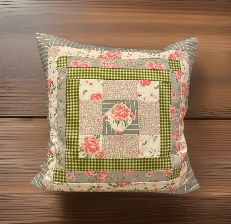 Patchwork Kissenhülle, Landhausstil Kissenbezug, grau/rosa/grün 40x40cm