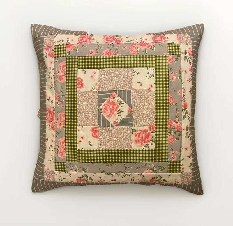 Patchwork Kissenhülle, Landhausstil Kissenbezug, grau/rosa/grün 40x40cm