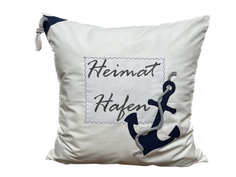 Maritime Kissenhülle, Landhausstil Dekokissen * Heimathafen * blau/weiß/beige