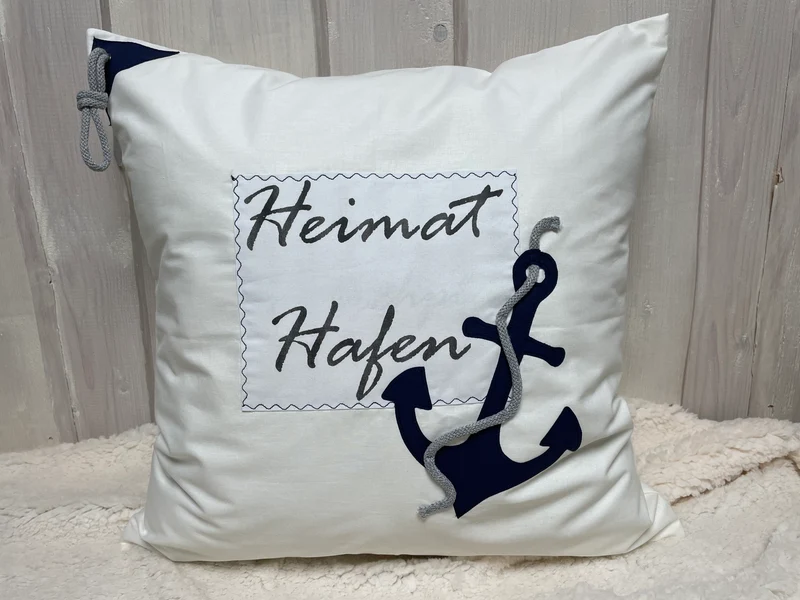 Maritime Kissenhülle, Landhausstil Dekokissen * Heimathafen * blau/weiß/beige