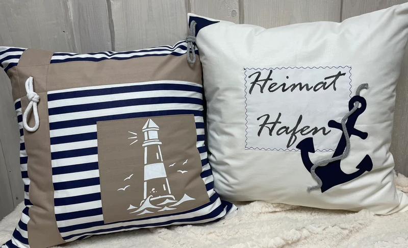Maritime Kissenhülle, Landhausstil Dekokissen * Heimathafen * blau/weiß/beige