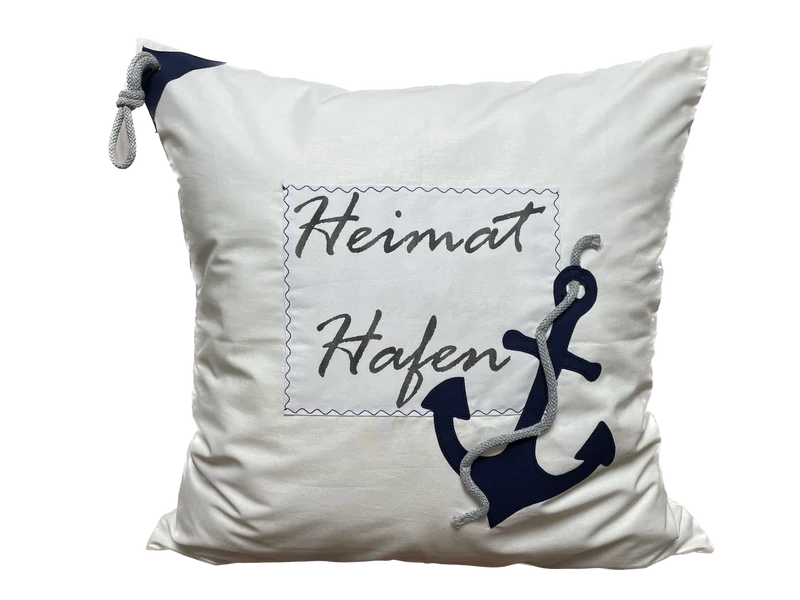 Maritime Kissenhülle, Landhausstil Dekokissen * Heimathafen * blau/weiß/beige