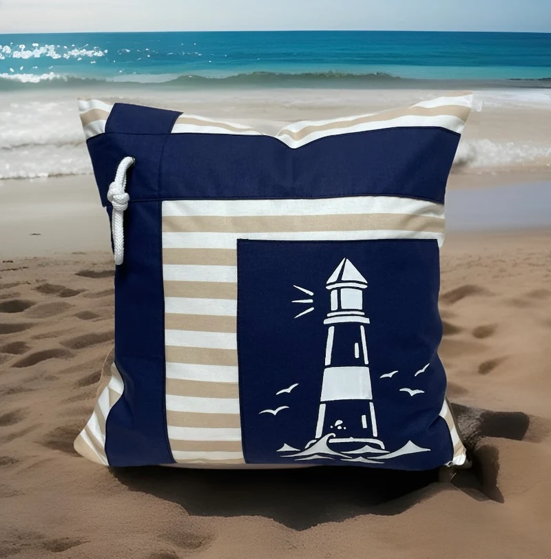 Maritime Kissenhülle, Landhausstil Kissenbezug * Leuchtturm* blau/weiß/beige