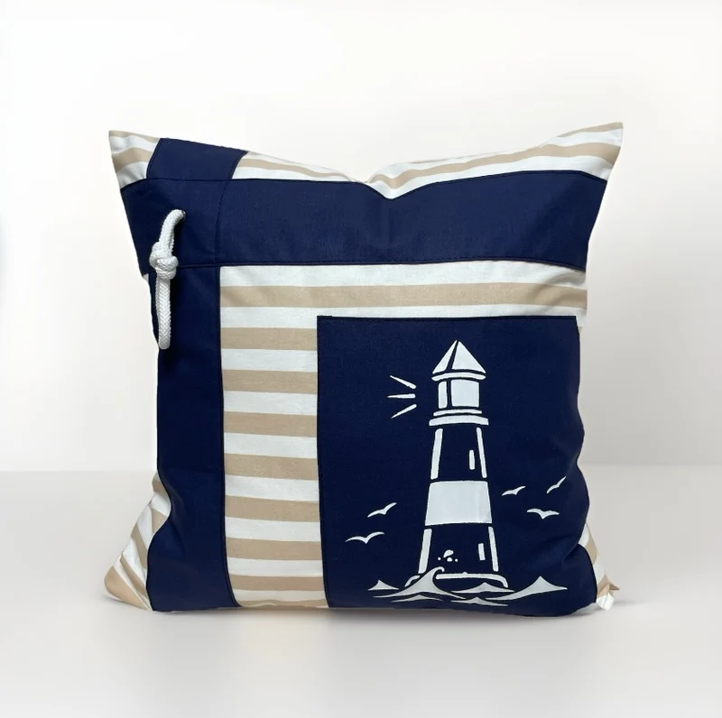 Maritime Kissenhülle, Landhausstil Kissenbezug * Leuchtturm* blau/weiß/beige