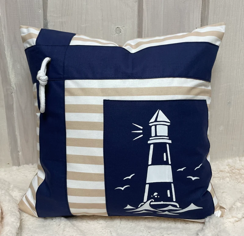 Maritime Kissenhülle, Landhausstil Kissenbezug * Leuchtturm* blau/weiß/beige