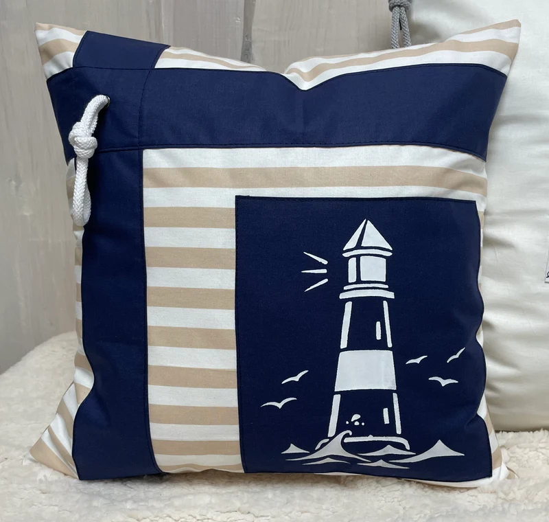 Maritime Kissenhülle, Landhausstil Kissenbezug * Leuchtturm* blau/weiß/beige