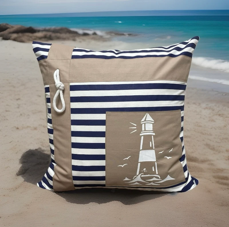 Maritime Kissenhülle, Landhausstil Kissenbezug * Leuchtturm* blau/weiß/beige