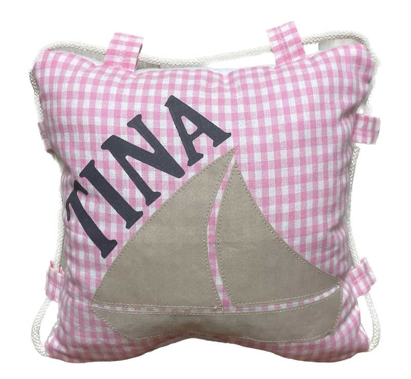 Namenskissen, Kuschelkissen, Kissen Geburt, Kinderkissen, Segelboot 25x25cm.