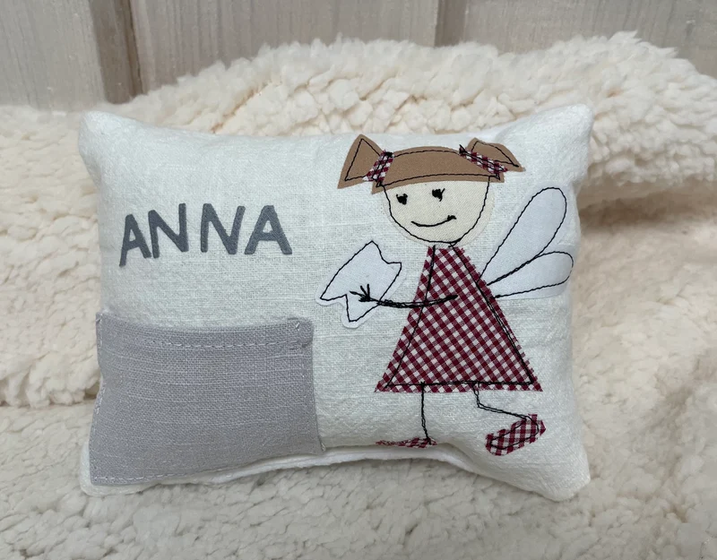 Zahnfee Kissen / Personalisiertes Milchzahn Kissen, Zahnkissen, weiß 12x17cm.