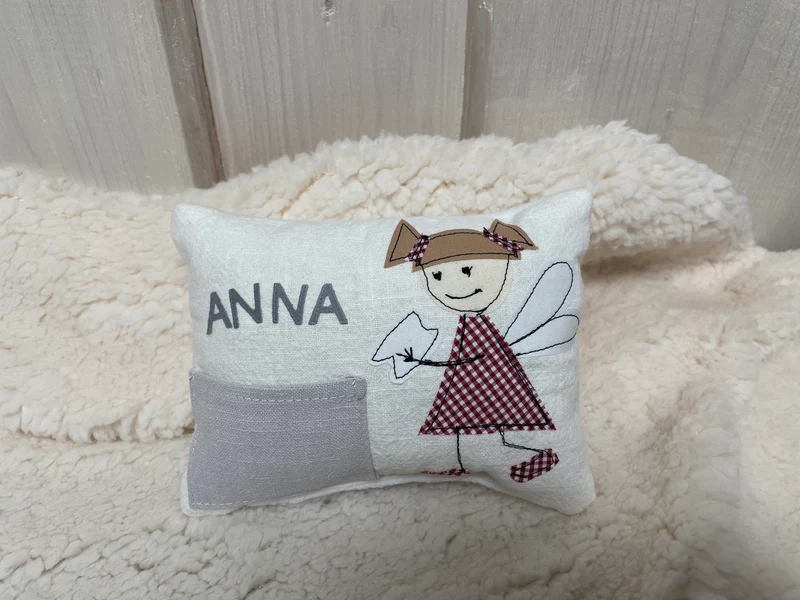 Zahnfee Kissen / Personalisiertes Milchzahn Kissen, Zahnkissen, weiß 12x17cm.
