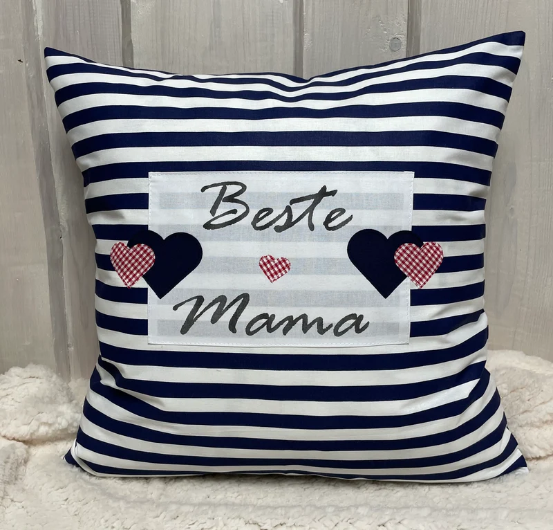 Landhausstil Kissenhülle, Muttertags Geschenk, Dekokissen *Beste Mama* blau/weiß