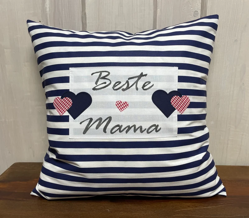 Landhausstil Kissenhülle, Muttertags Geschenk, Dekokissen *Beste Mama* blau/weiß