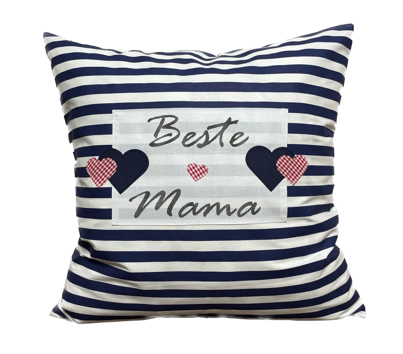 Landhausstil Kissenhülle, Muttertags Geschenk, Dekokissen *Beste Mama* blau/weiß