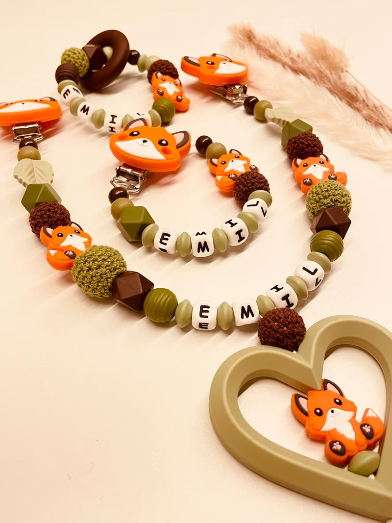 Schnullerkette, Kinderwagenkette, Greifring Fuchs grün braun