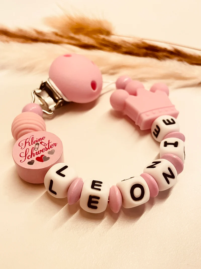 Schnullerkette Maus kleine Schwester mit Krone rosa