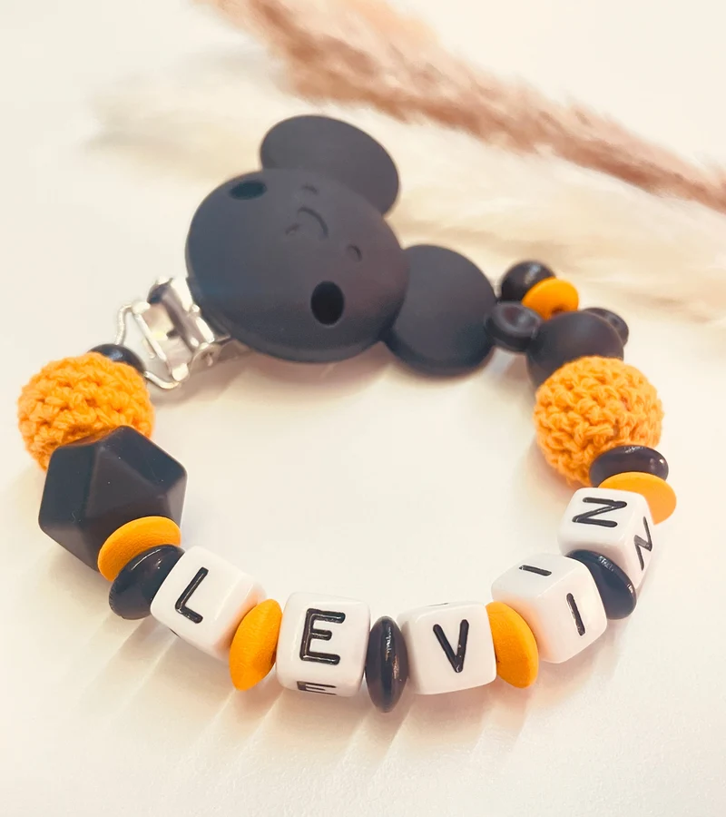 Schnullerkette Maus schwarz orange