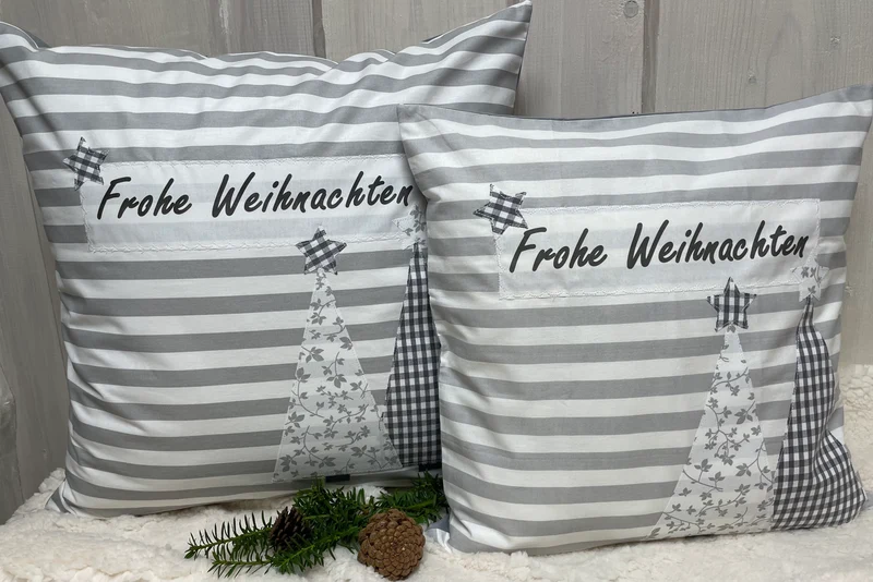 1x Weihnachtliche Landhausstil Kissenhülle * Kissenbezug * Dekokissen * Frohe Weihnachten *grau/weiß gestreift
