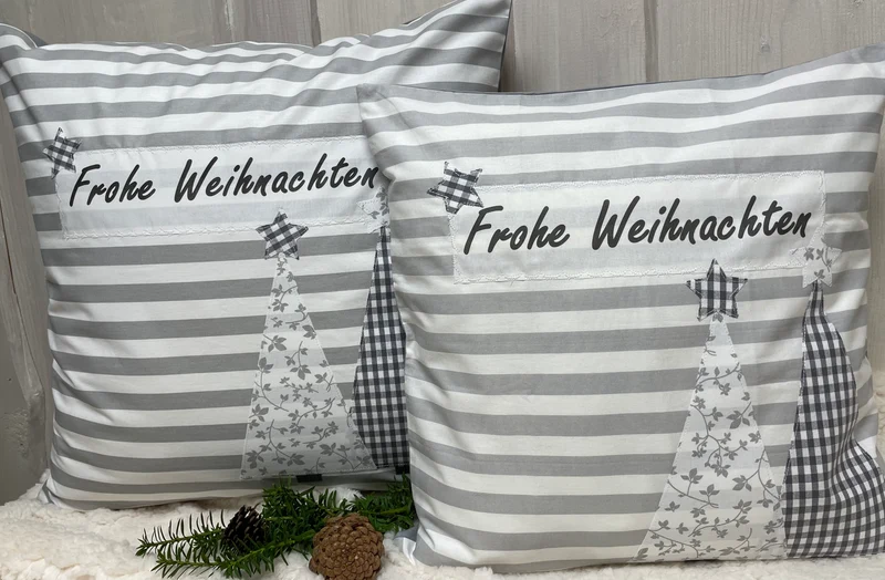 1x Weihnachtliche Landhausstil Kissenhülle * Kissenbezug * Dekokissen * Frohe Weihnachten *grau/weiß gestreift