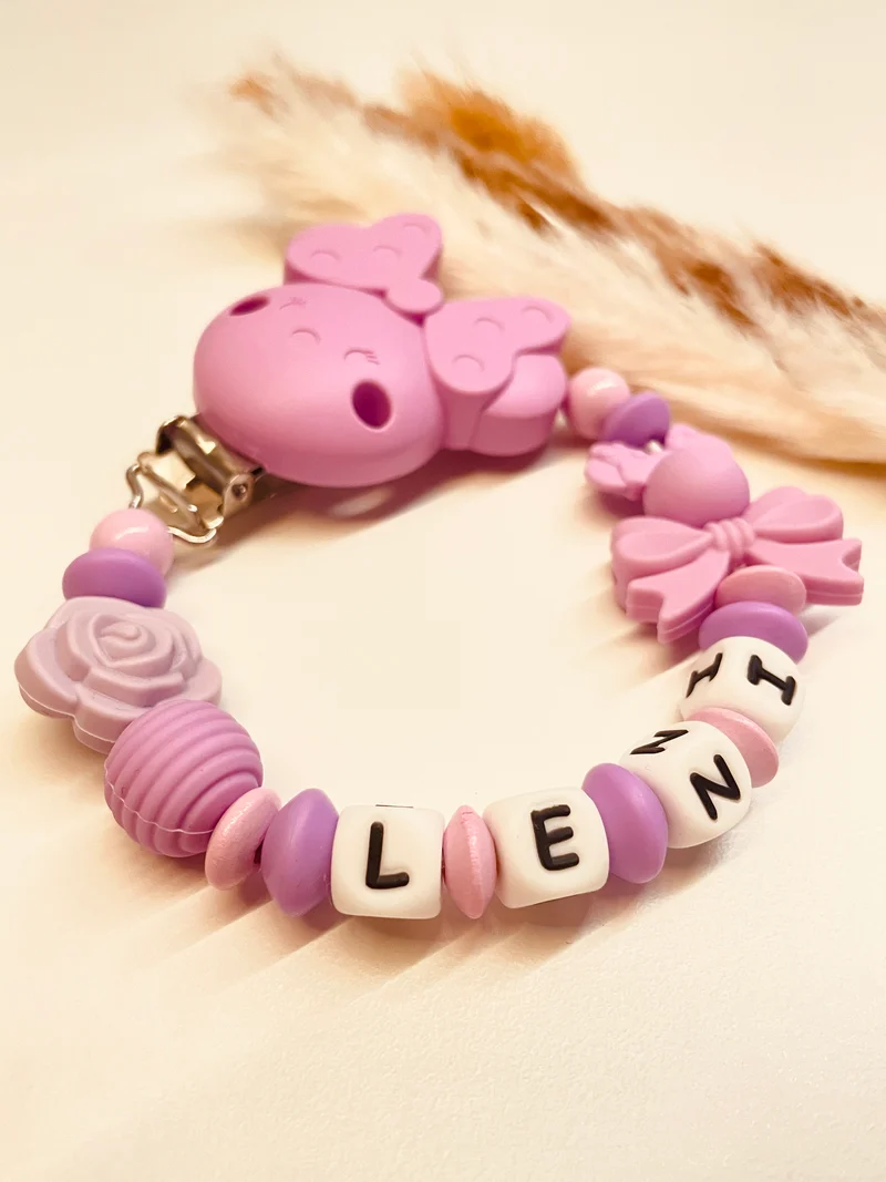 Schnullerkette Maus mit Schleife und Rose lila